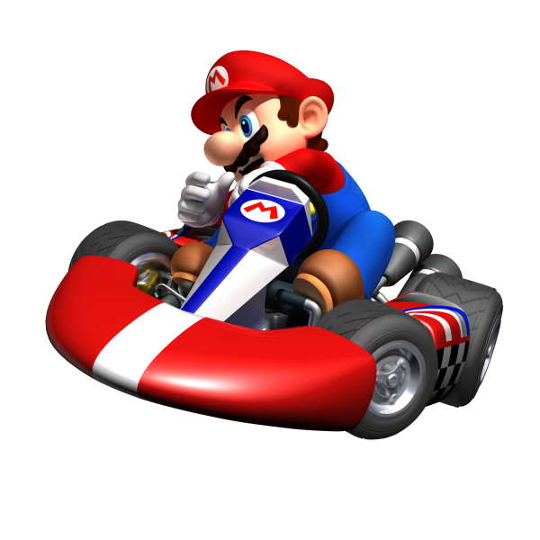 Mario driving a car turning to his right.