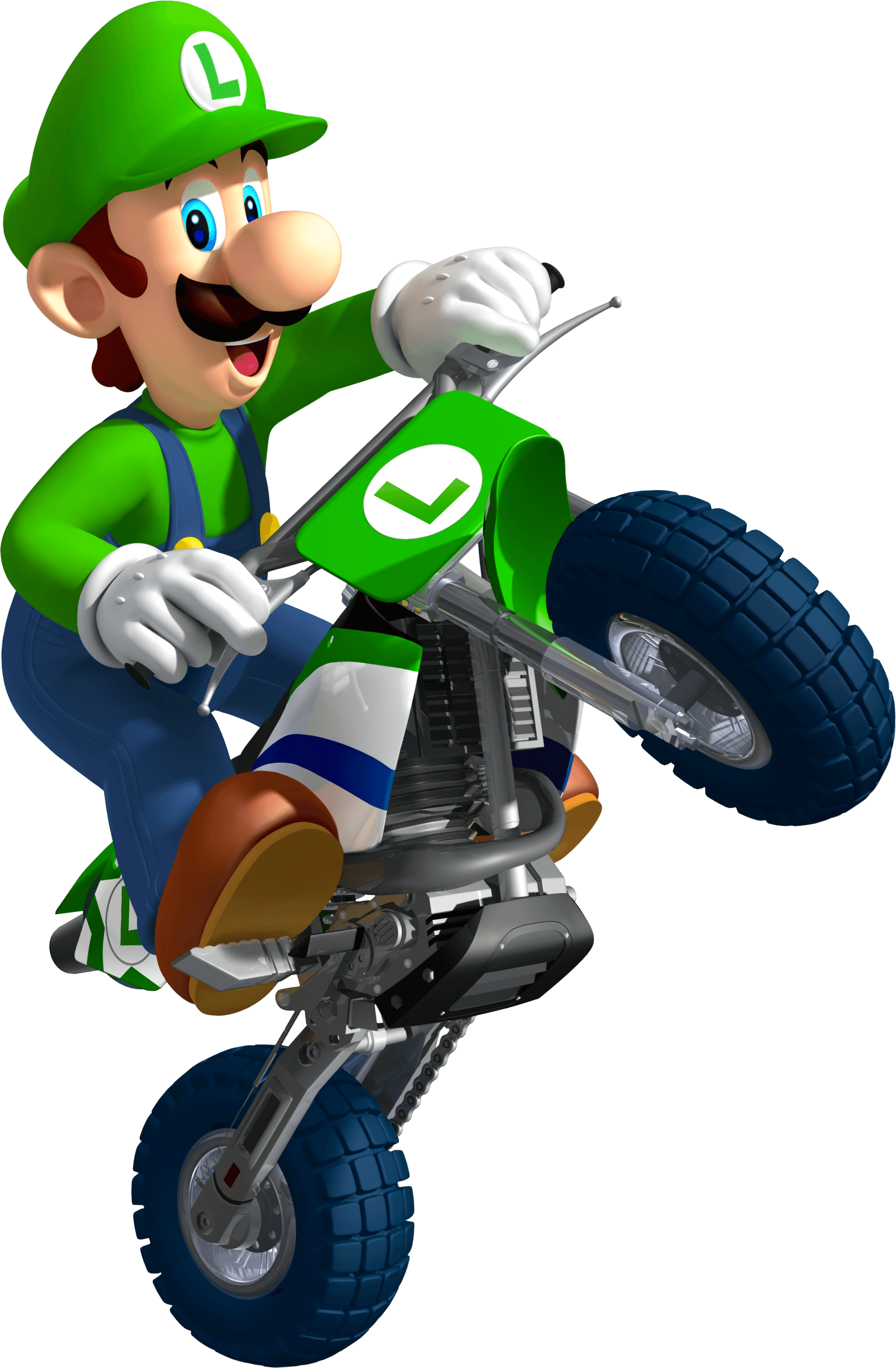 Luigi riding a motorcycle doing a wheelie.